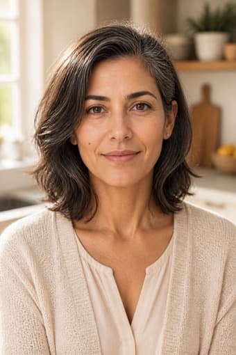 An older appearance of the same sample person in a kitchen