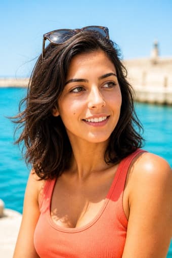 The same sample person seen from a three-quarter angle in a sunlit holiday photo by the sea
