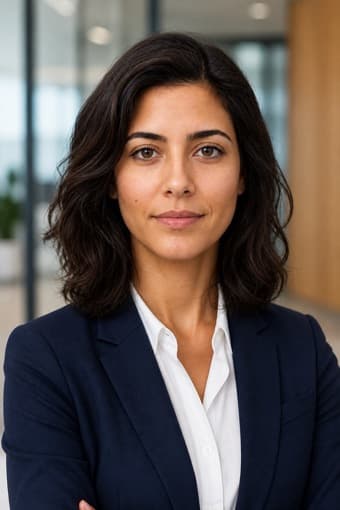 The same sample person in a professional headshot wearing a navy blazer