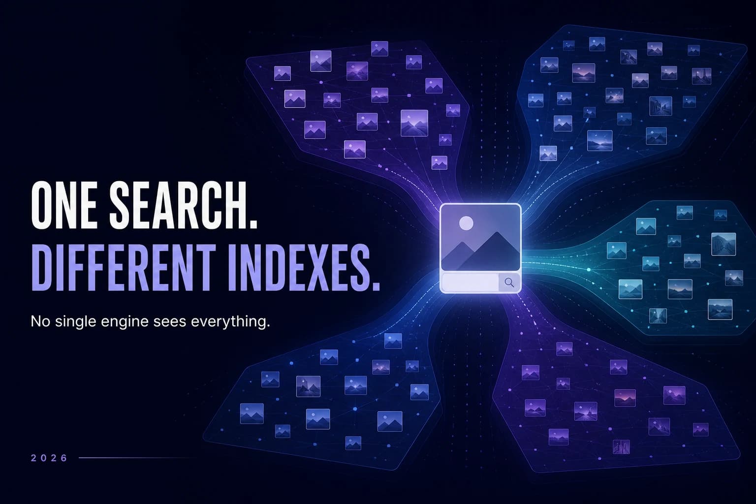 Abstract comparison graphic showing one search input branching into different overlapping search indexes