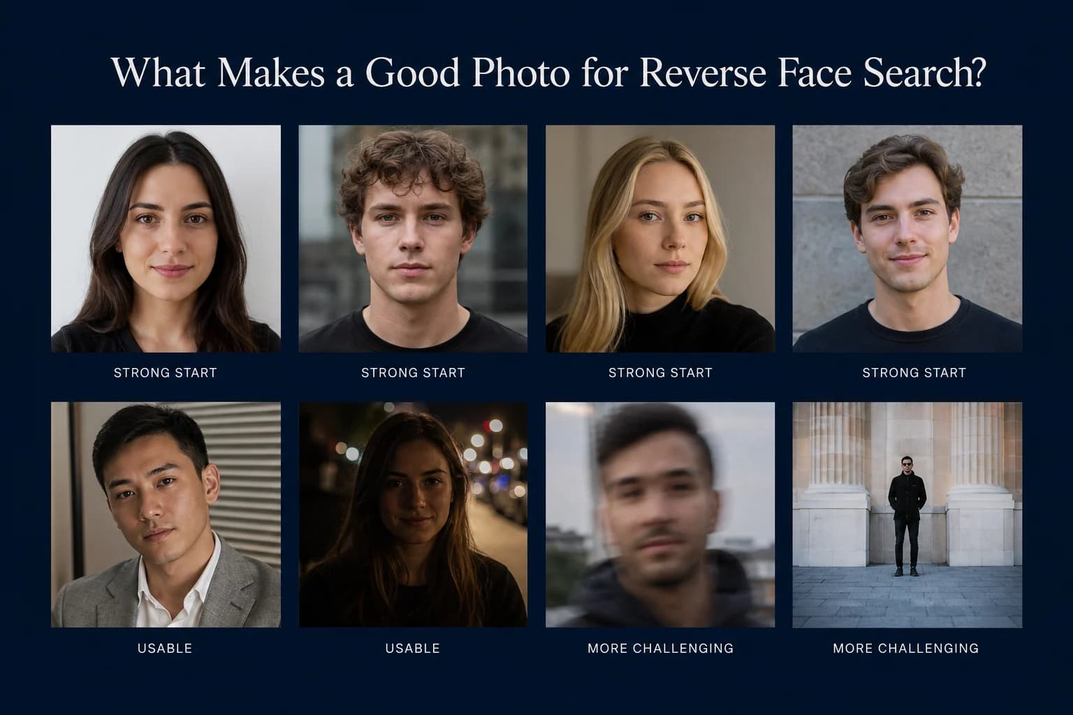 Photography contact sheet of varied synthetic portraits labeled from strong starting photos to more challenging search inputs