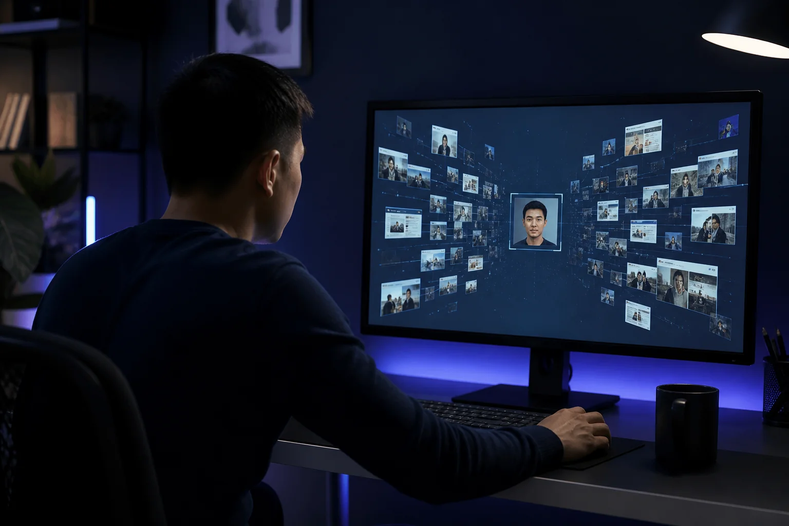 Person reviewing a visual search interface that expands from one portrait into many public web results