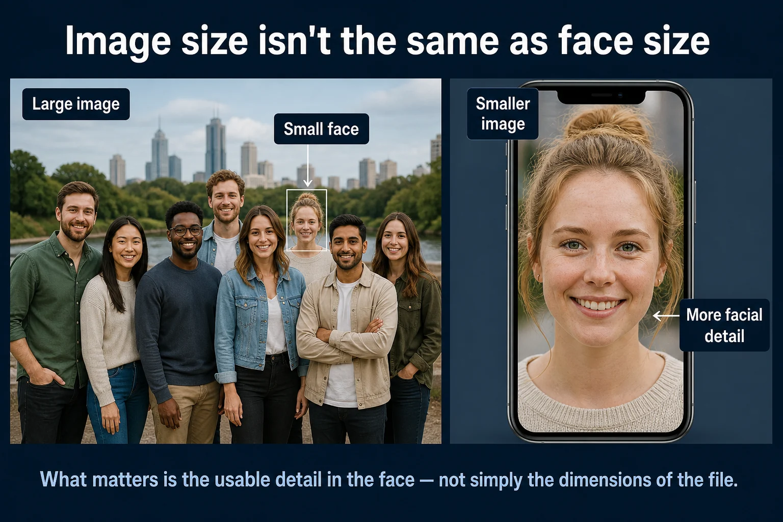 Comparison of a large group photo with a tiny face versus a smaller phone portrait with more facial detail