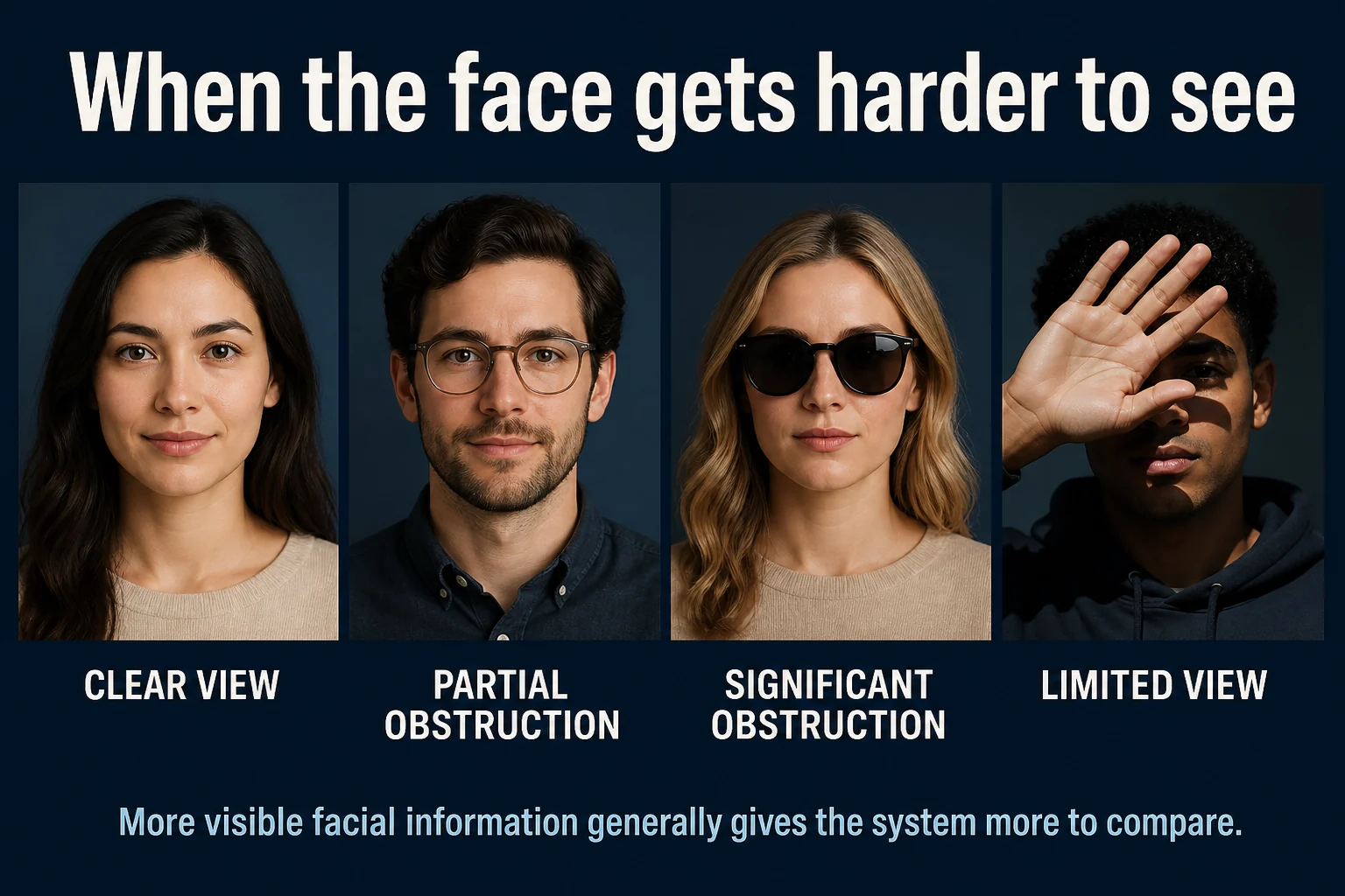 Four portraits showing clear view, partial obstruction, significant obstruction, and limited view