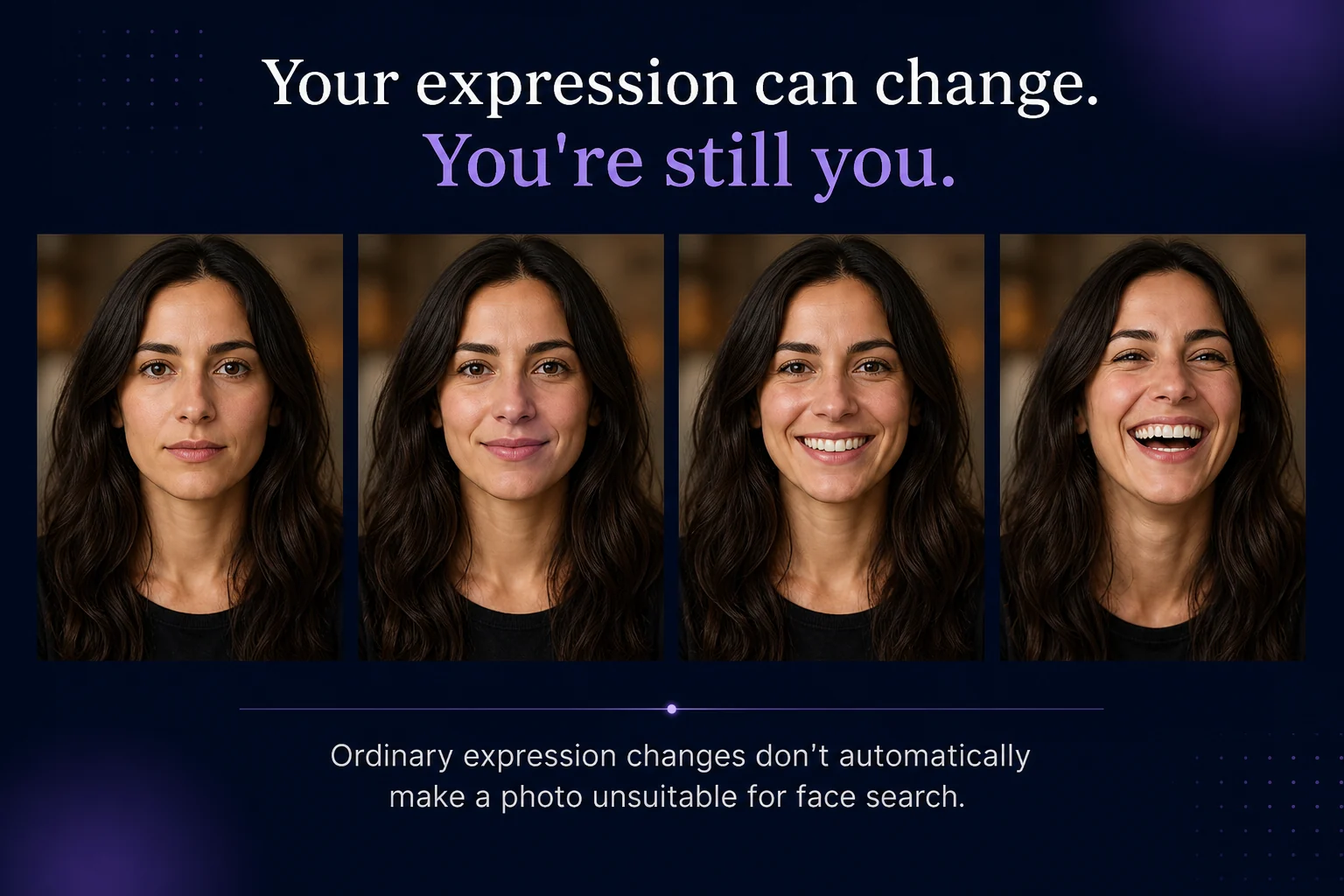 Same woman shown with neutral expression, slight smile, broad smile, and laughing