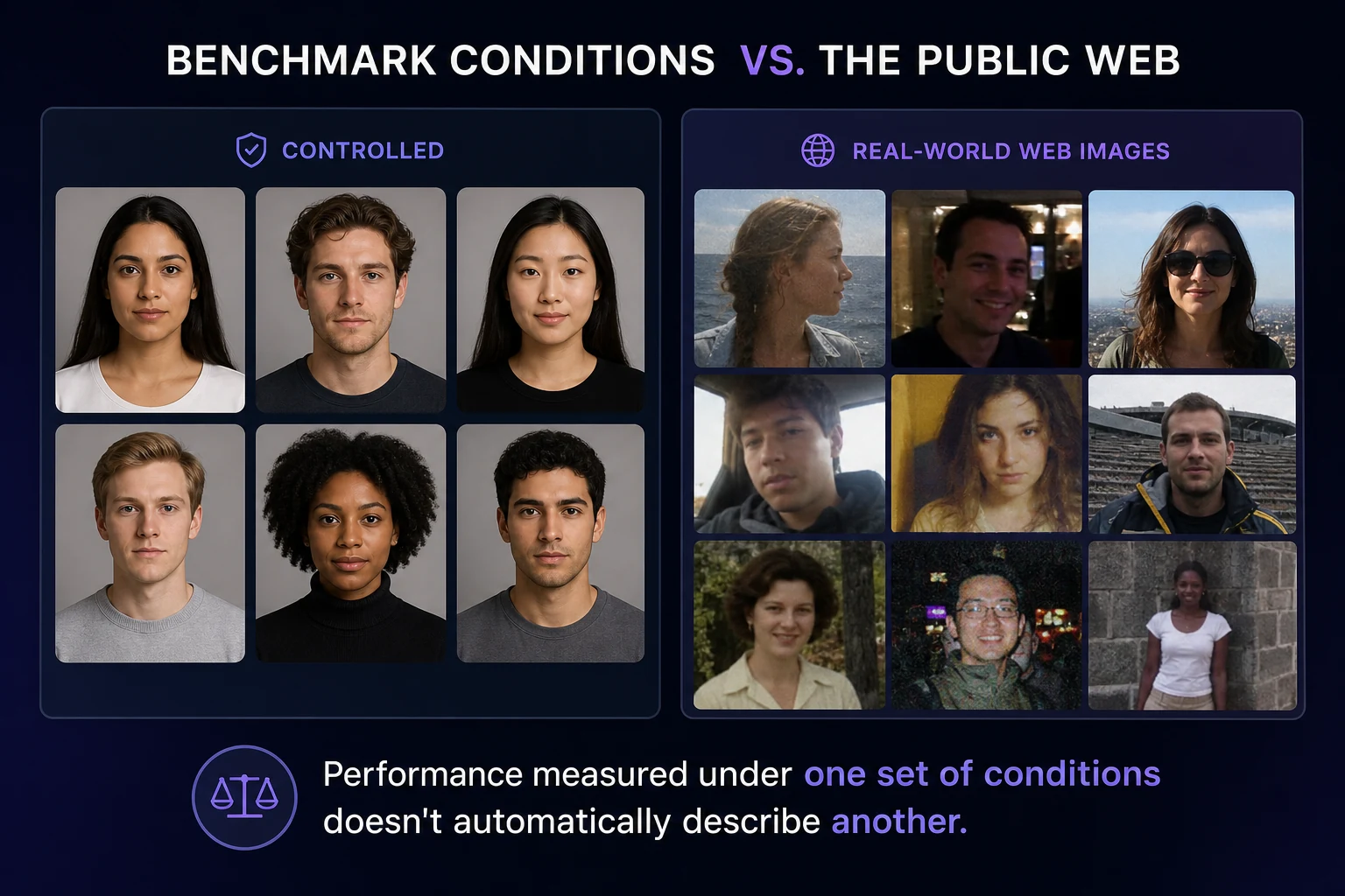 Side-by-side comparison of controlled portrait conditions versus ordinary imperfect public-web photos