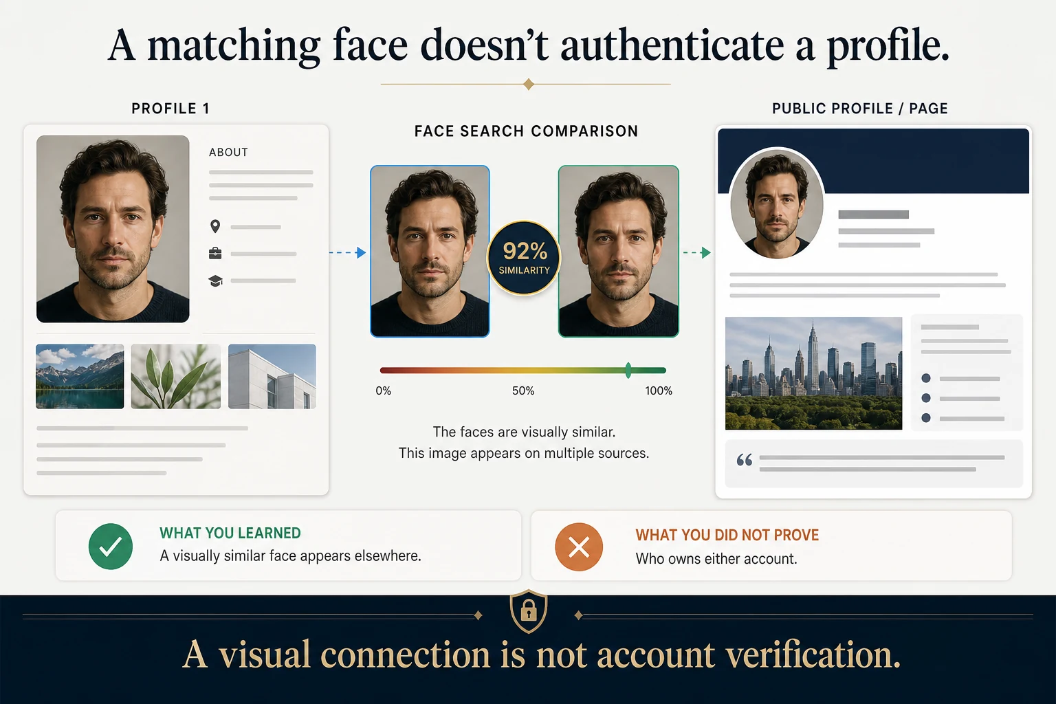 Two generic profile cards connected by face search showing a visual link without proving account ownership